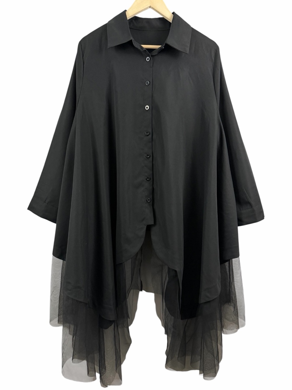 Avant Garde Asymmetrical Oversized Dress Tunic Button Up Shirt Tulle Trim OS